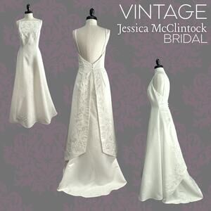 Vintage 90s Jessica McClintock Bridal White Wedding Dress Minimalist Preppy
